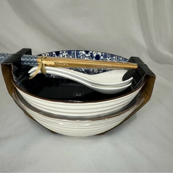 SH Home Blue Cherry Blossom Noodle Bowl with Chopsticks & Spoons - Picture 4 of 5